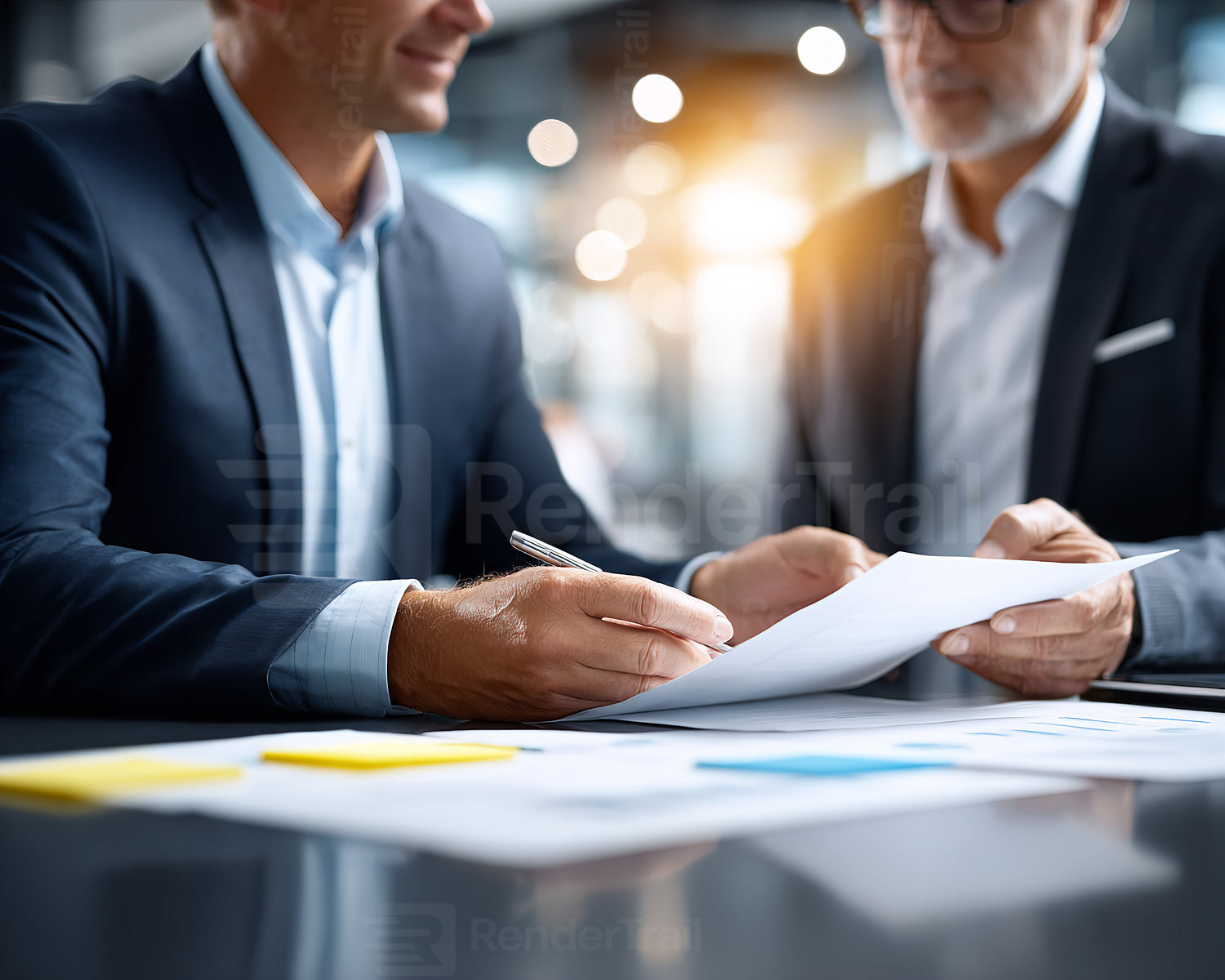 Business professionals discussing agreements in a modern office setting during the day