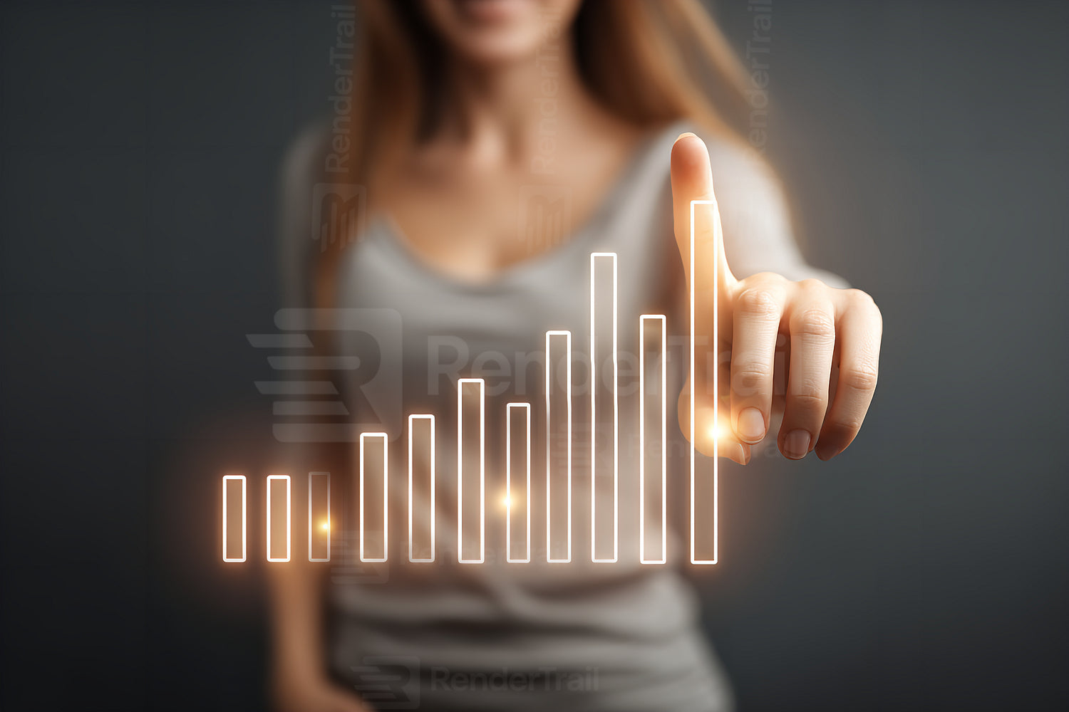 Woman interacting with digital growth chart in a modern workspace setting