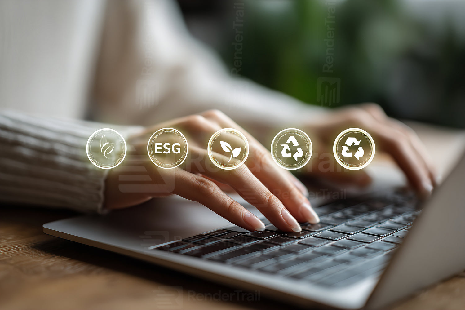 Hands typing on a laptop keyboard while focused on digital icons representing sustainability and ESG values in a natural setting