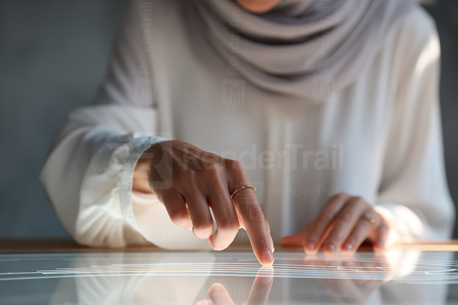 Person interacting with a touch screen interface in a bright, modern space during daylight hours
