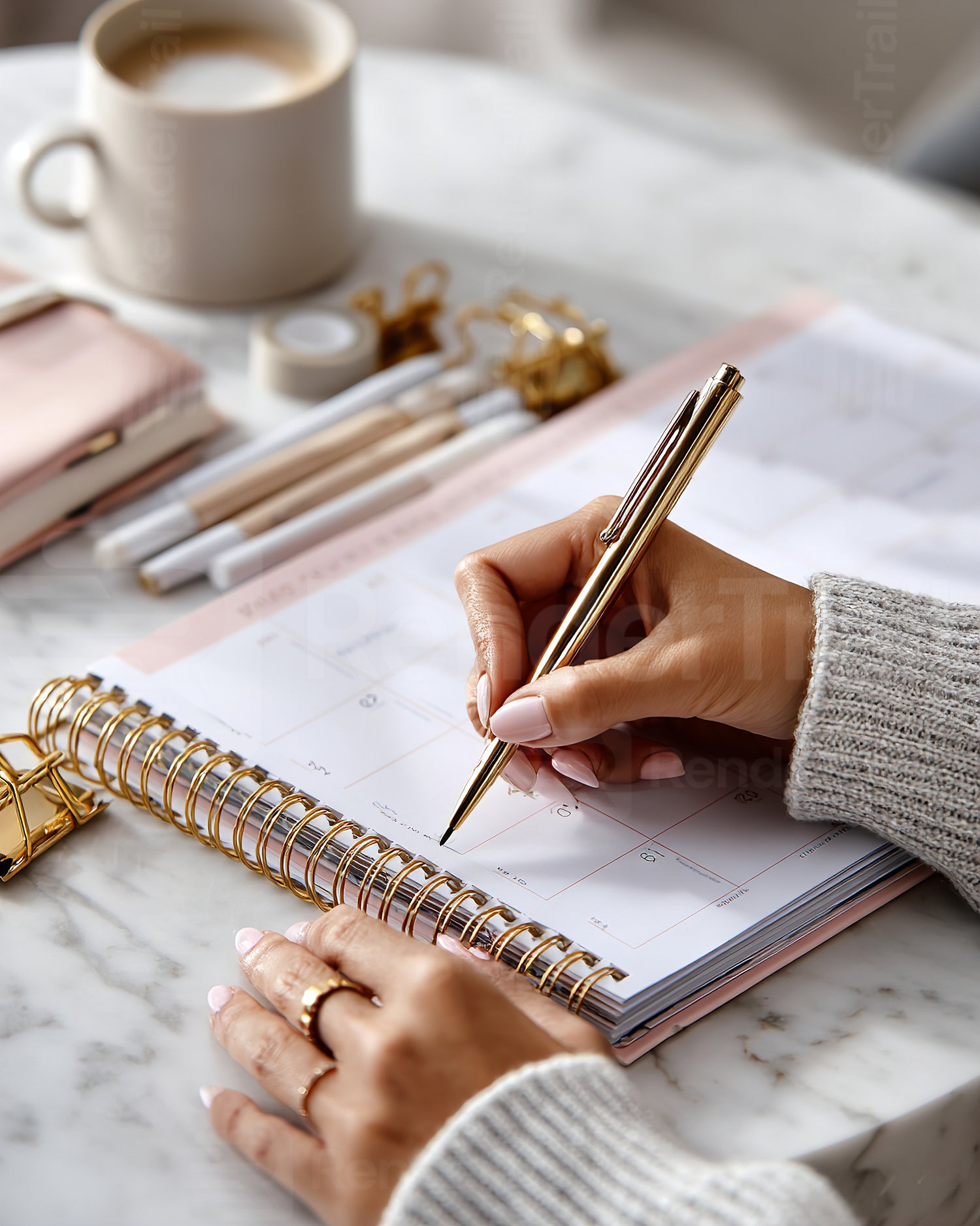 Planning the month while enjoying coffee in a cozy workspace with a planner