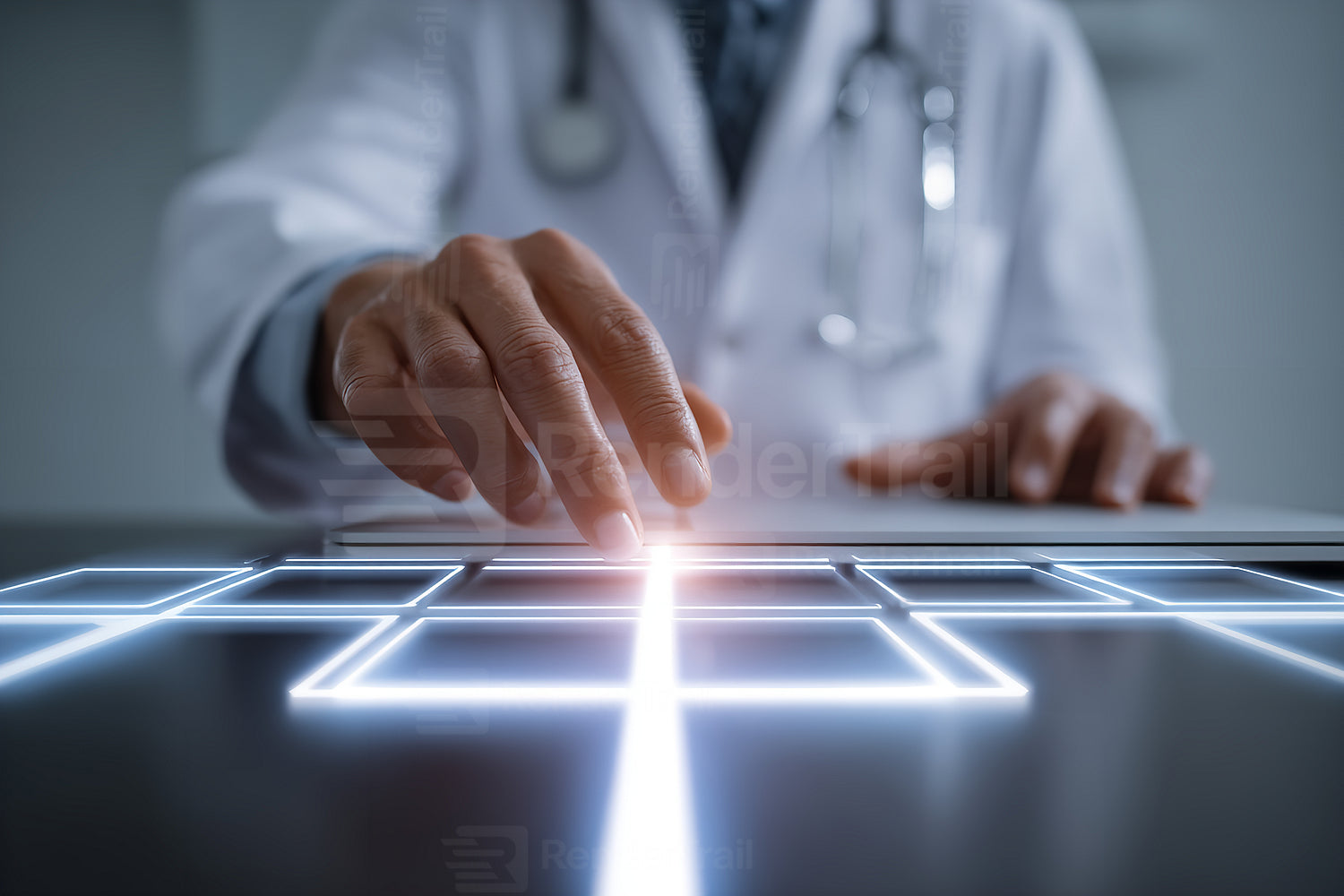 Medical professional interacts with a digital interface in a modern healthcare setting during a consultation