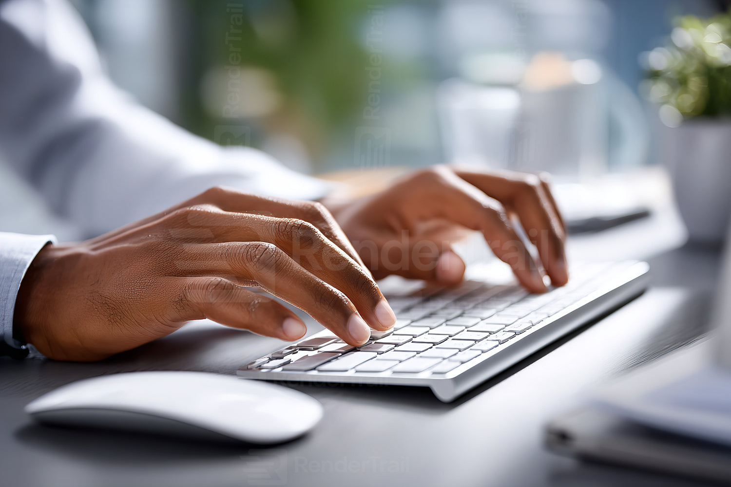 Typing on a keyboard while working in a modern office space during the daytime