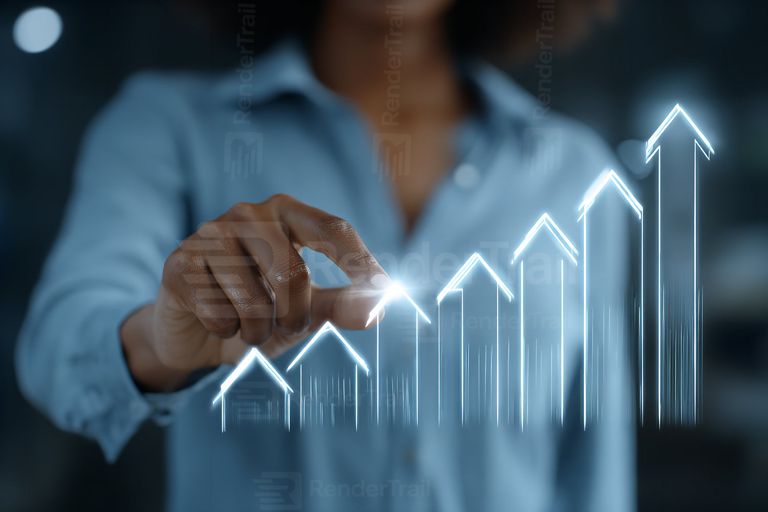 Woman interacting with digital growth graph while in a modern office environment during evening hours