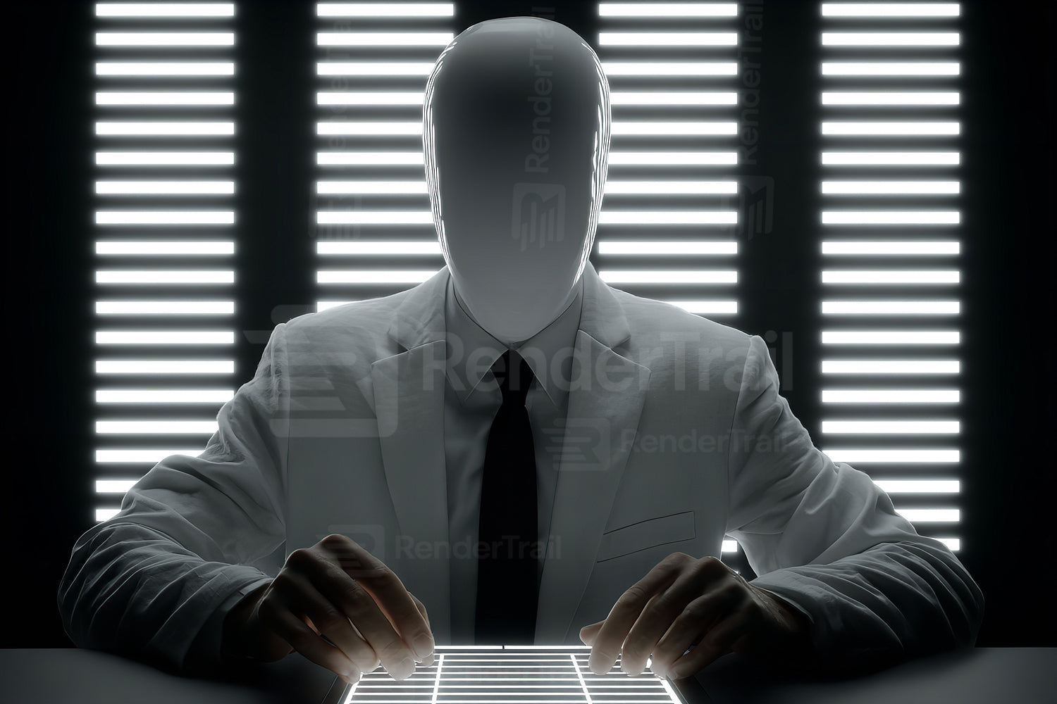 Mysterious figure in a white suit interacts with a glowing surface in a futuristic setting