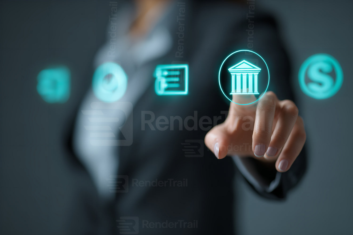 Business professional interacting with digital banking interface in a modern office setting