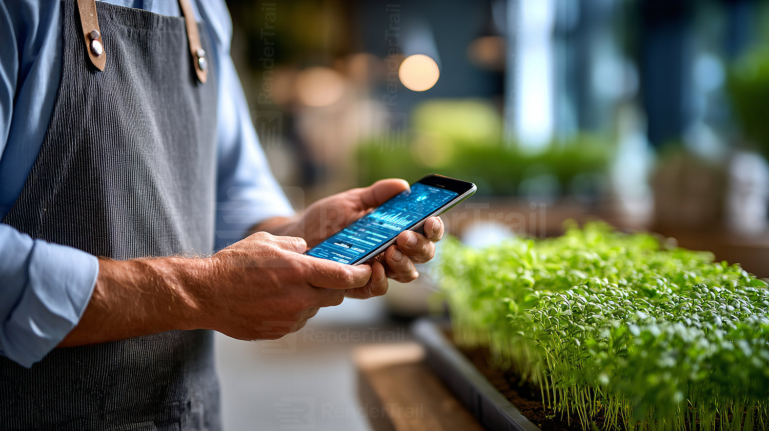 Farmer checks smartphone while tending to fresh seedlings in modern greenhouse during daytime