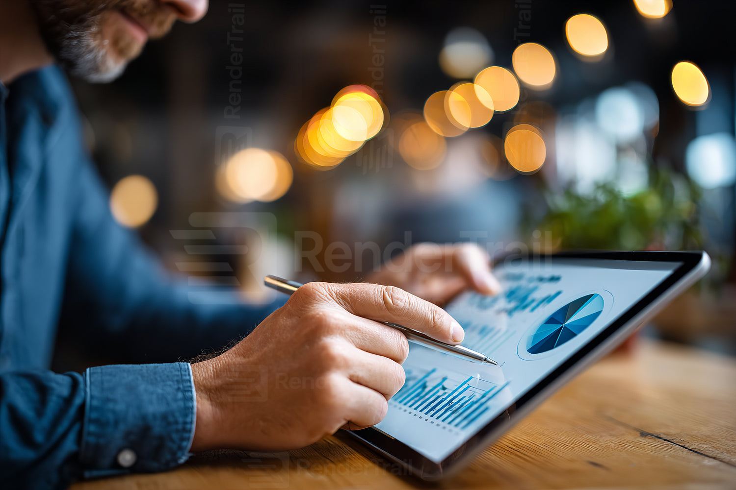 Man analyzes business data on tablet in a modern workspace with warm lighting