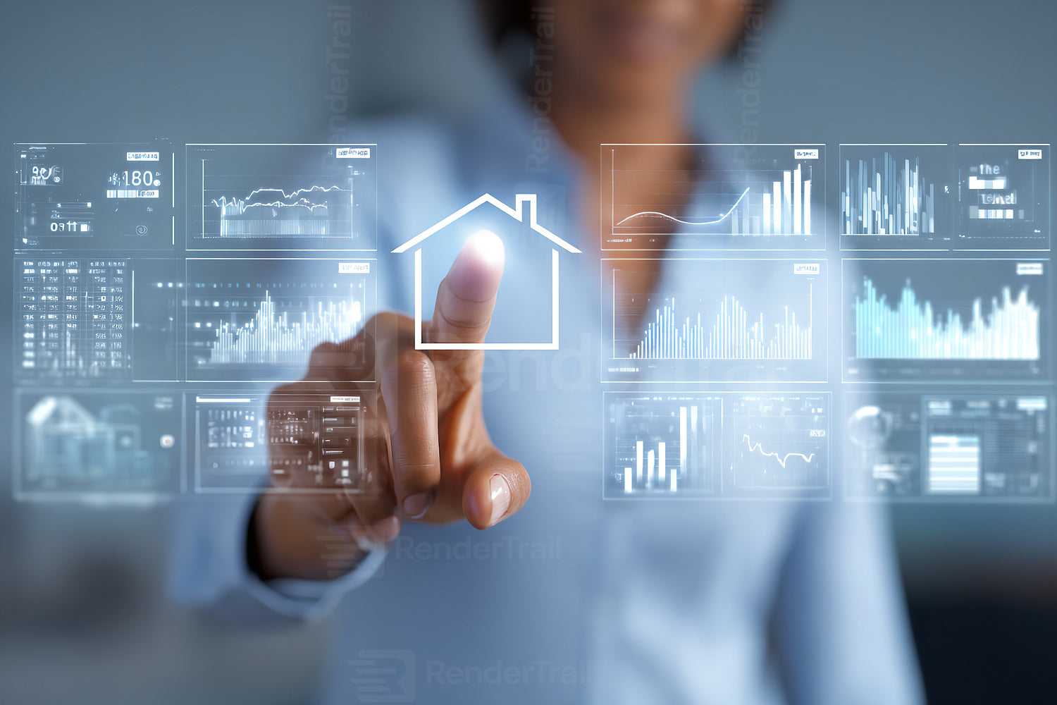 Woman interacting with a digital display in a workspace while analyzing home data and analytics trends