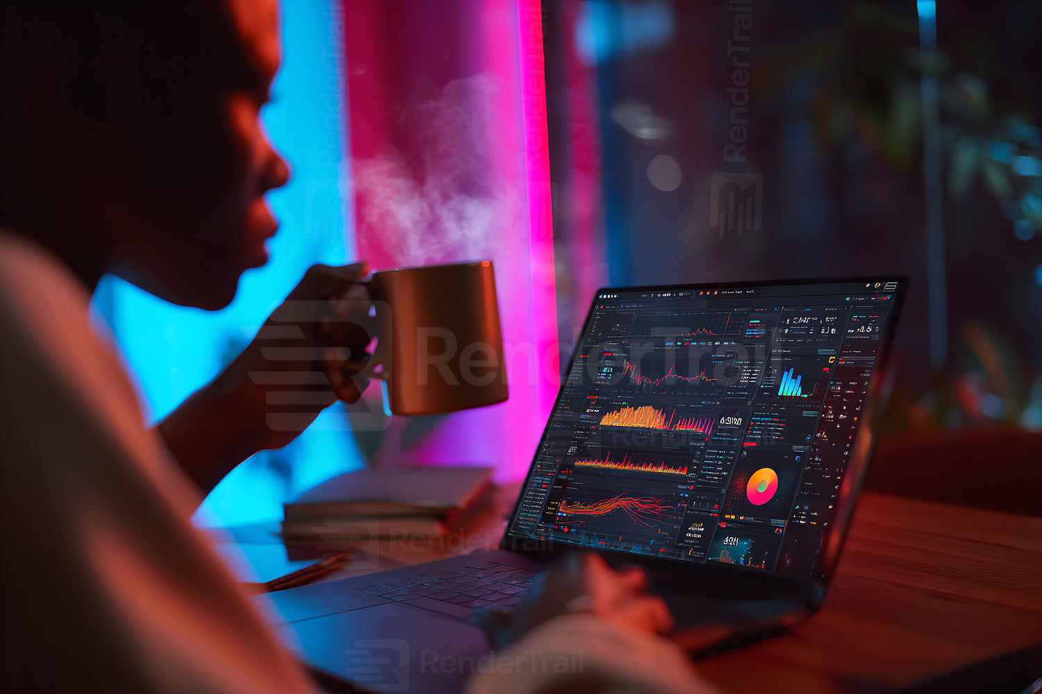 Person analyzes data on a laptop while enjoying a warm drink in a cozy room with colorful lighting at night
