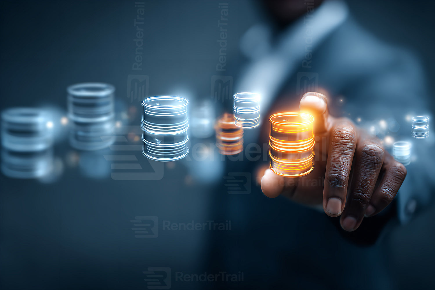 Business professional interacting with digital data storage indicators in a futuristic office setting