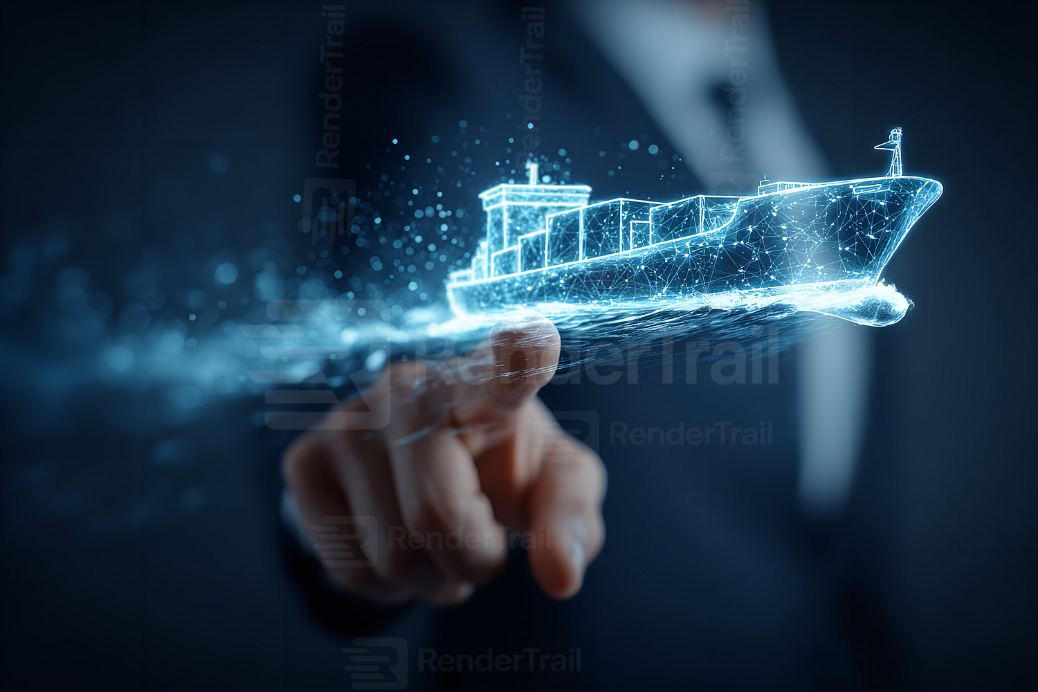 Businessman interacting with holographic ship display to illustrate maritime logistics innovation