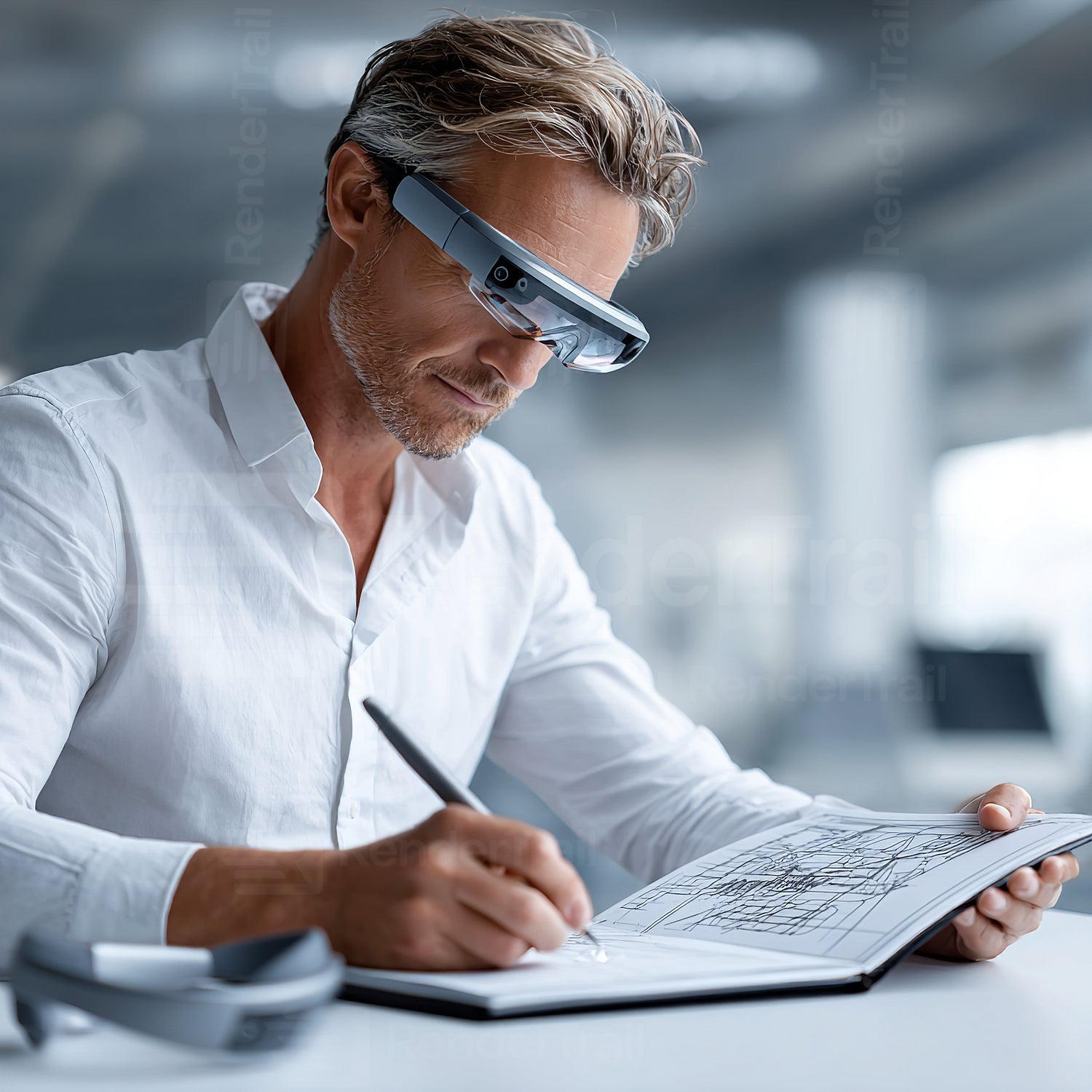 Man using smart glasses while drawing architectural designs in a modern office setting during the day