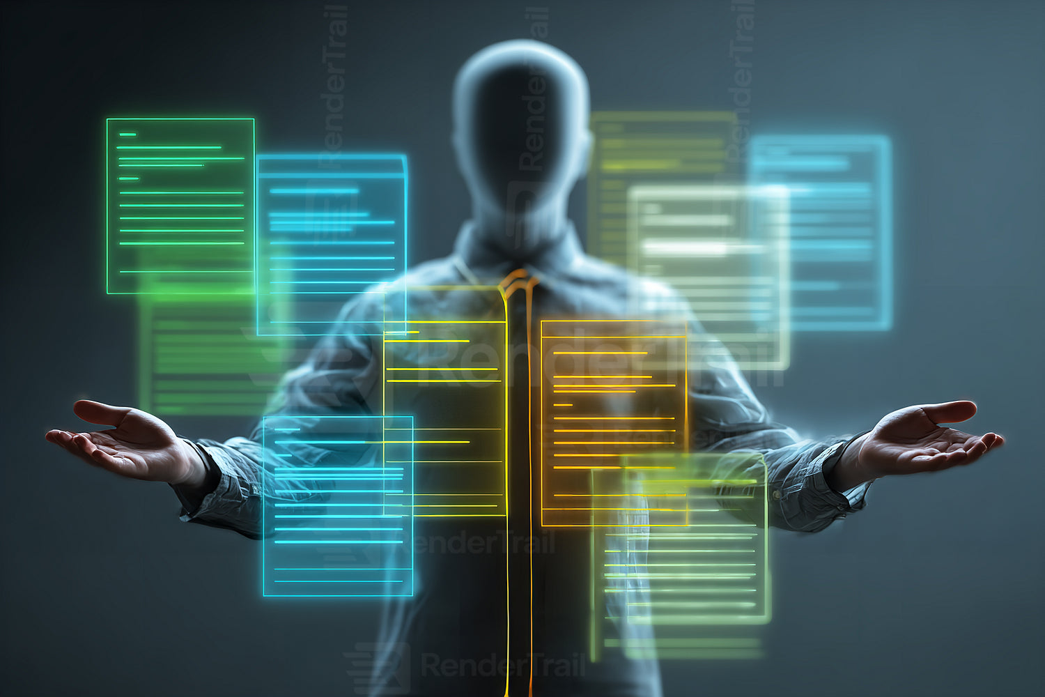 Person interacting with digital data displays in a modern environment while showcasing innovative technology