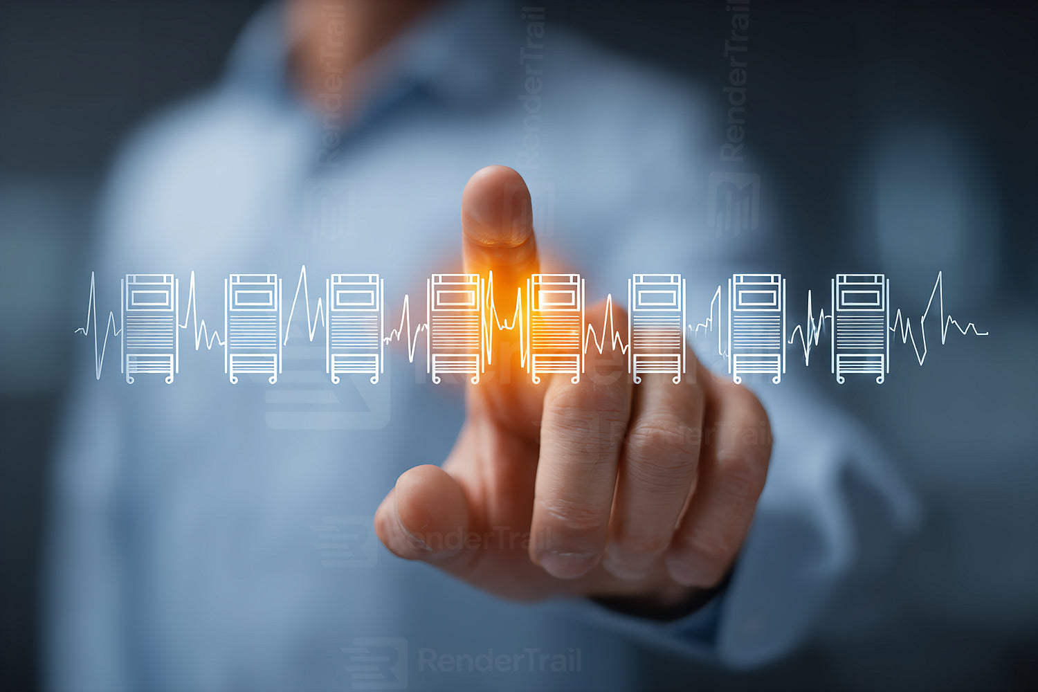 Person interacts with digital interface showing shopping cart icons and heartbeat pattern in a modern setting