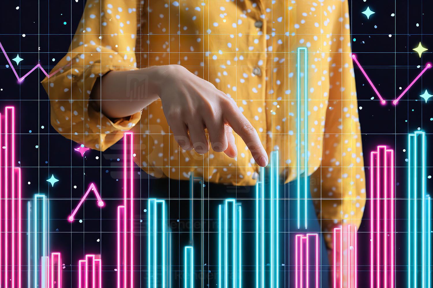 Business professional analyzes data trends with colorful graphs on a digital interface