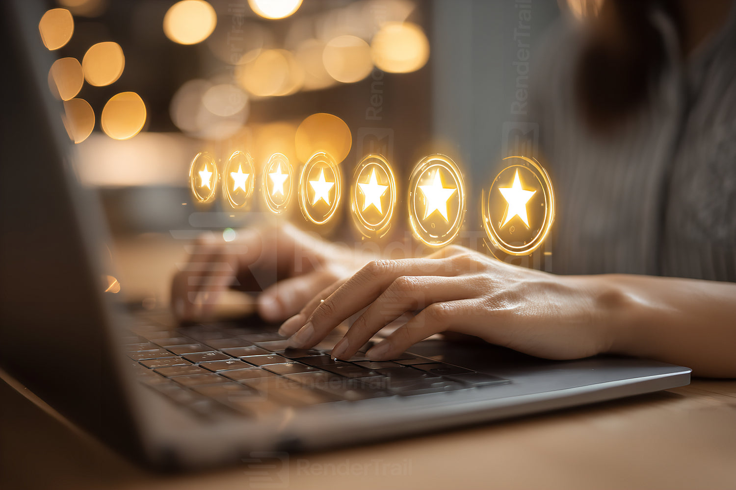 Evaluating online services through a rating system using a laptop with glowing stars in a cozy atmosphere