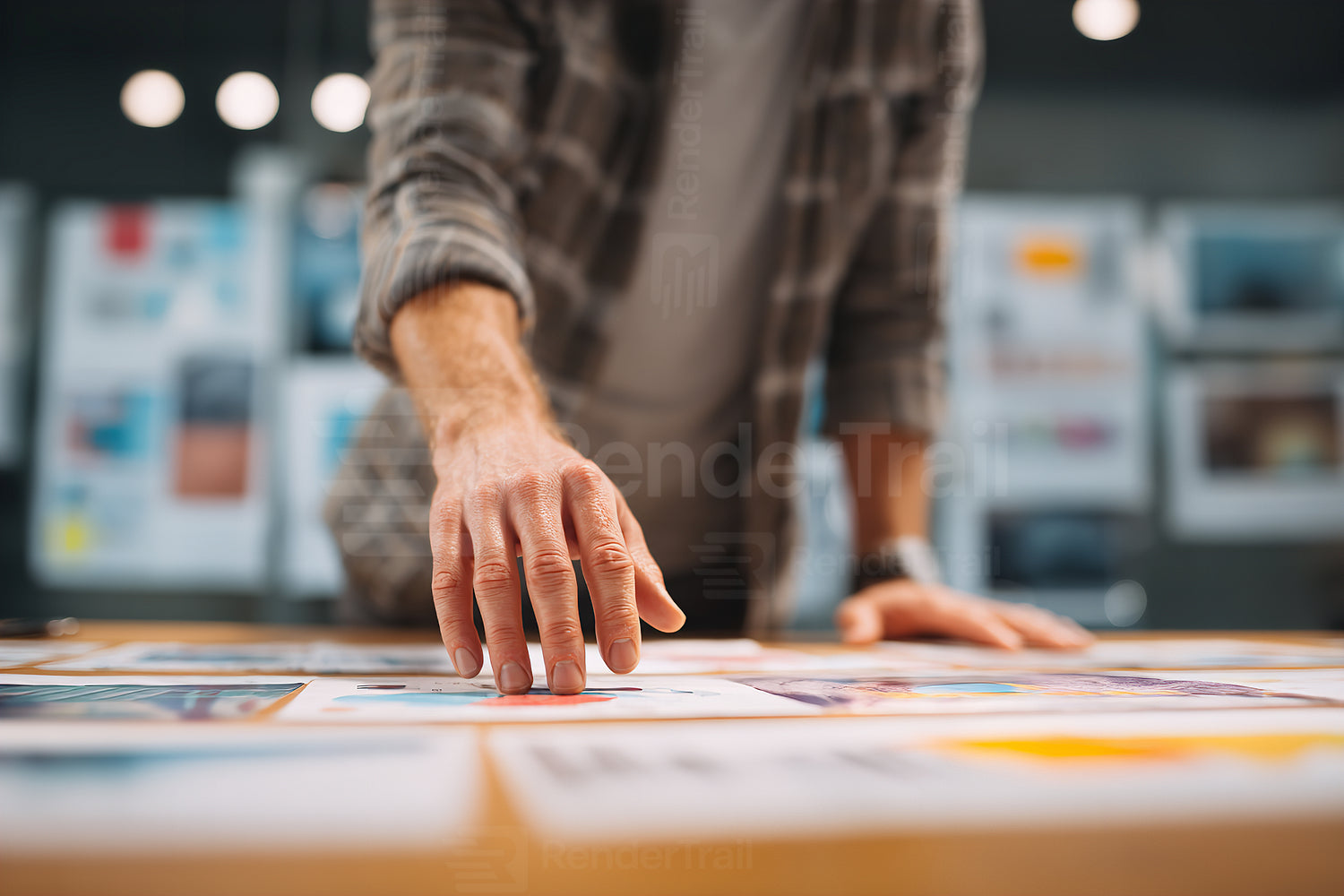 Person examining various printed designs on a wooden table in a creative workspace