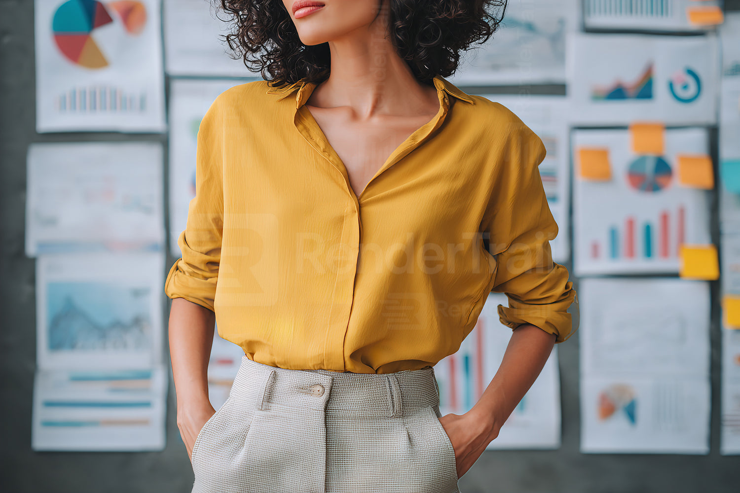 Business professional giving presentation in an office setting surrounded by visual data and charts