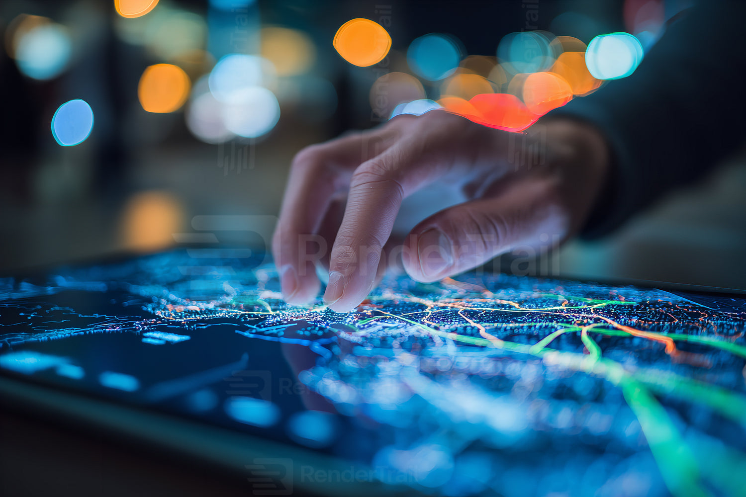 Exploring city routes on a digital map using a touch screen at night