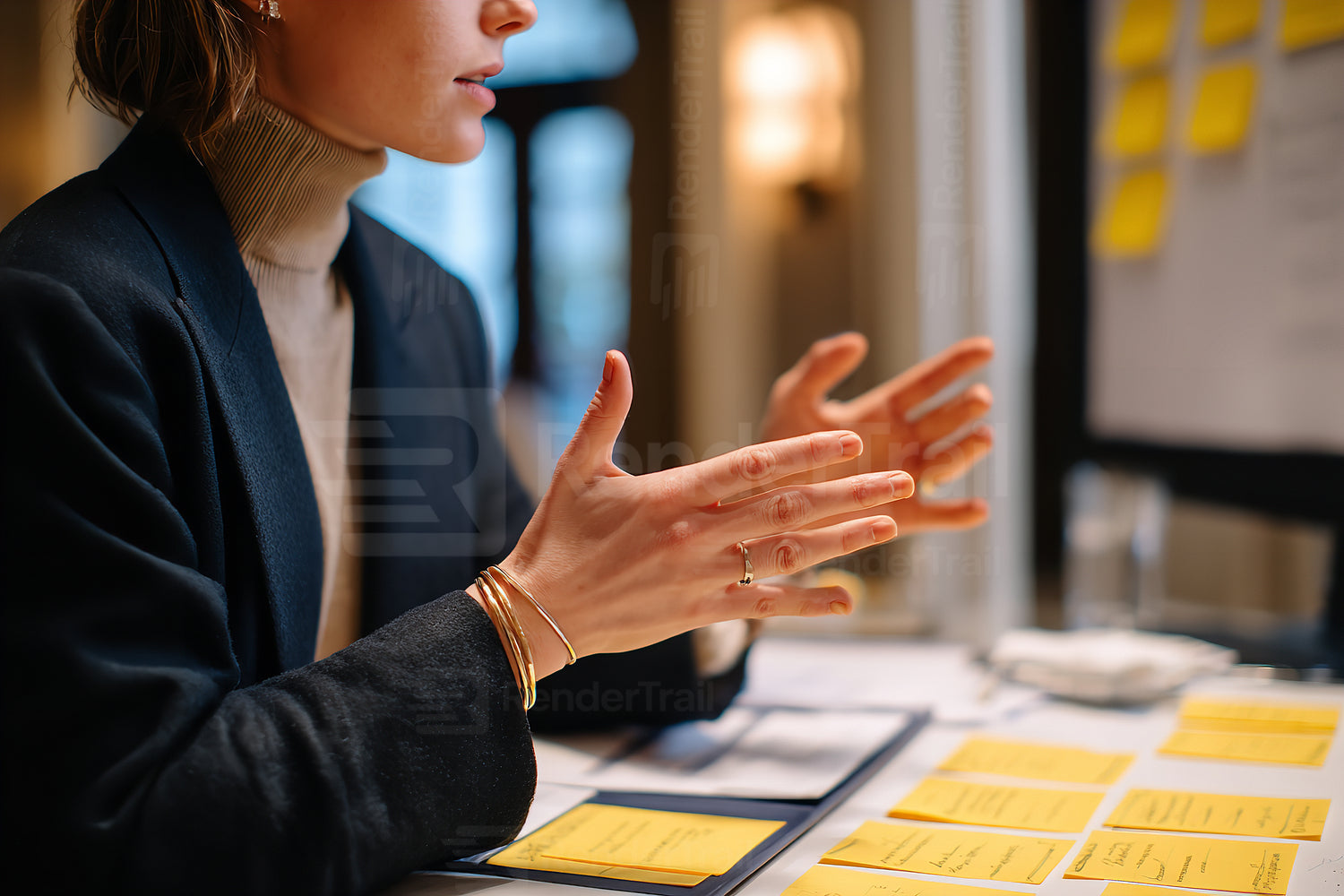 Business meeting in a stylish office with a woman discussing ideas using sticky notes and gestures