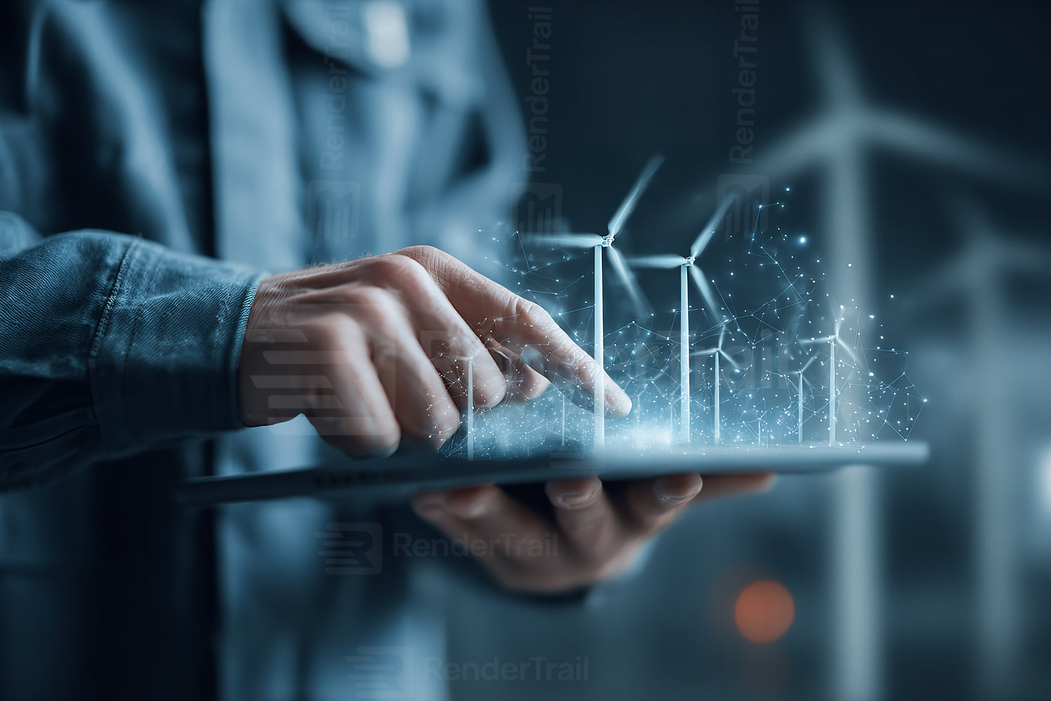 Hands interact with digital representation of wind turbines in renewable energy setting during evening
