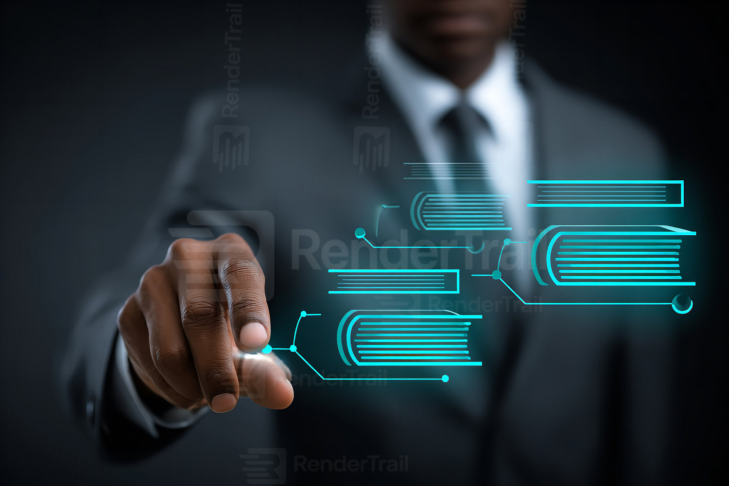 Business professional interacting with virtual books in a modern digital space