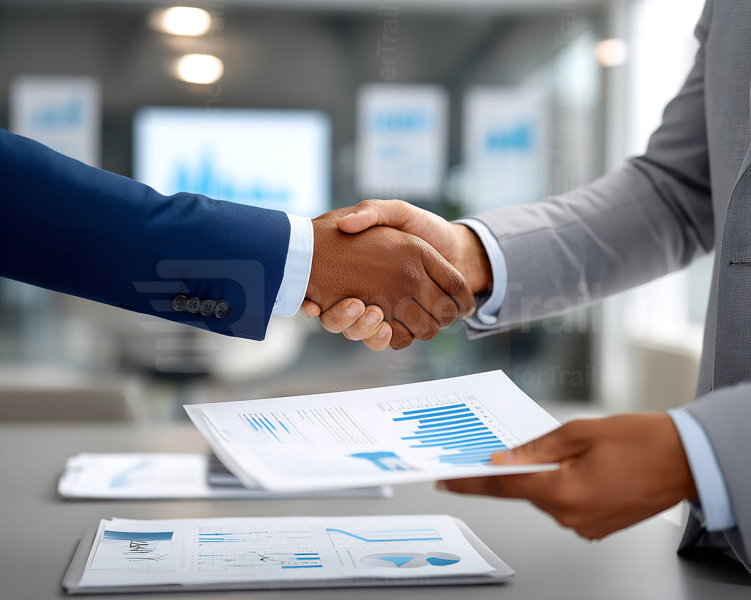 Business partners shake hands after signing a contract in a modern office setting with documents and charts on the table
