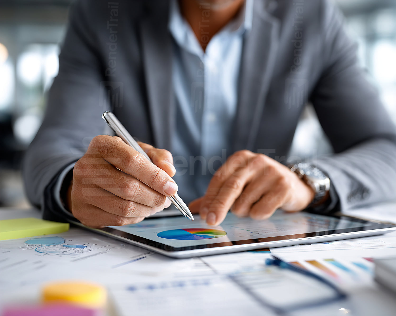 Business professional analyzing data on tablet while seated at modern office desk during work hours