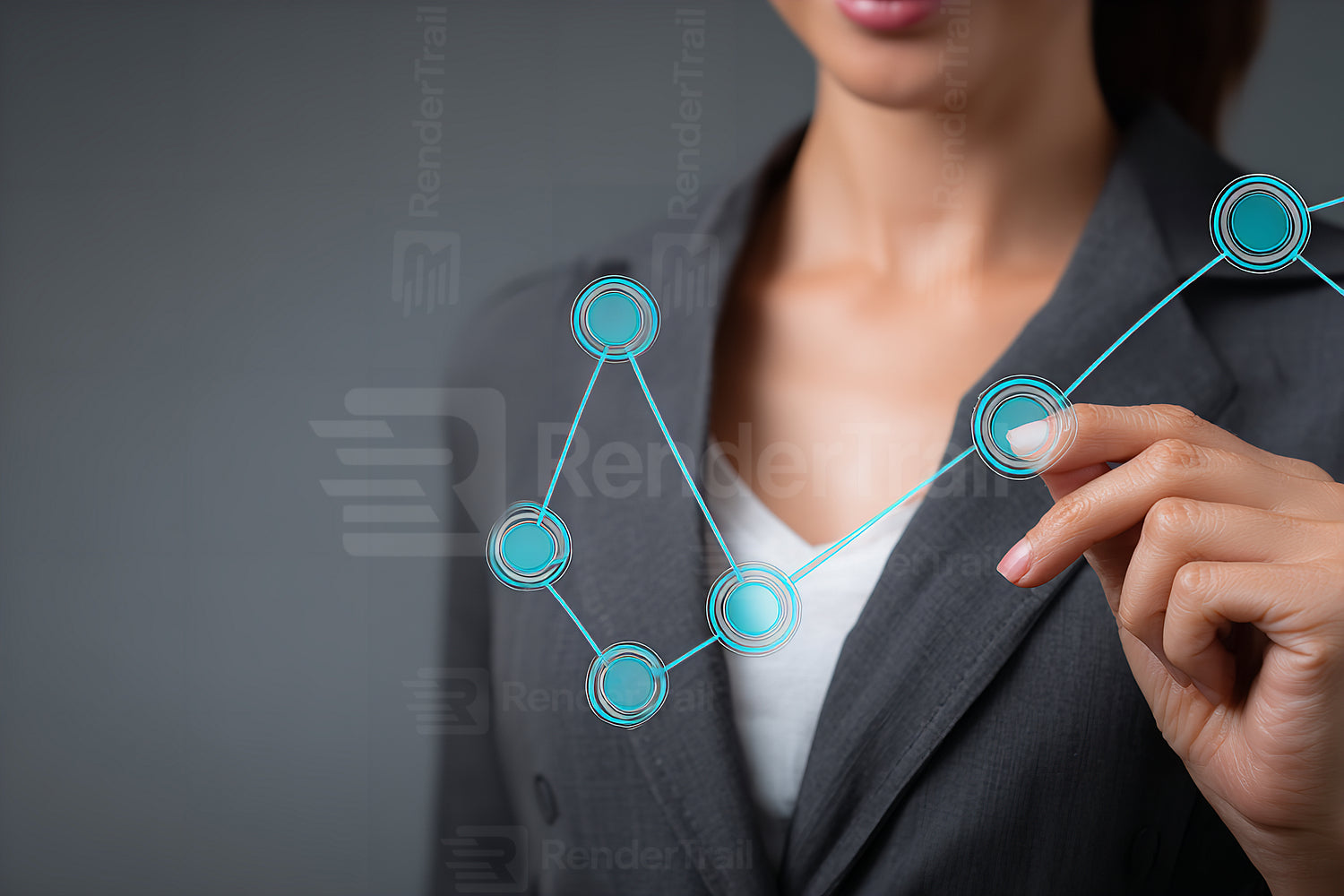 Business professional analyzing data trends with a futuristic graph display in a modern office environment during the daytime