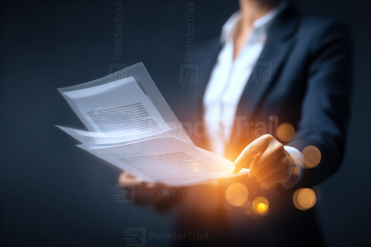 Business professional presenting important documents in modern office environment during evening light