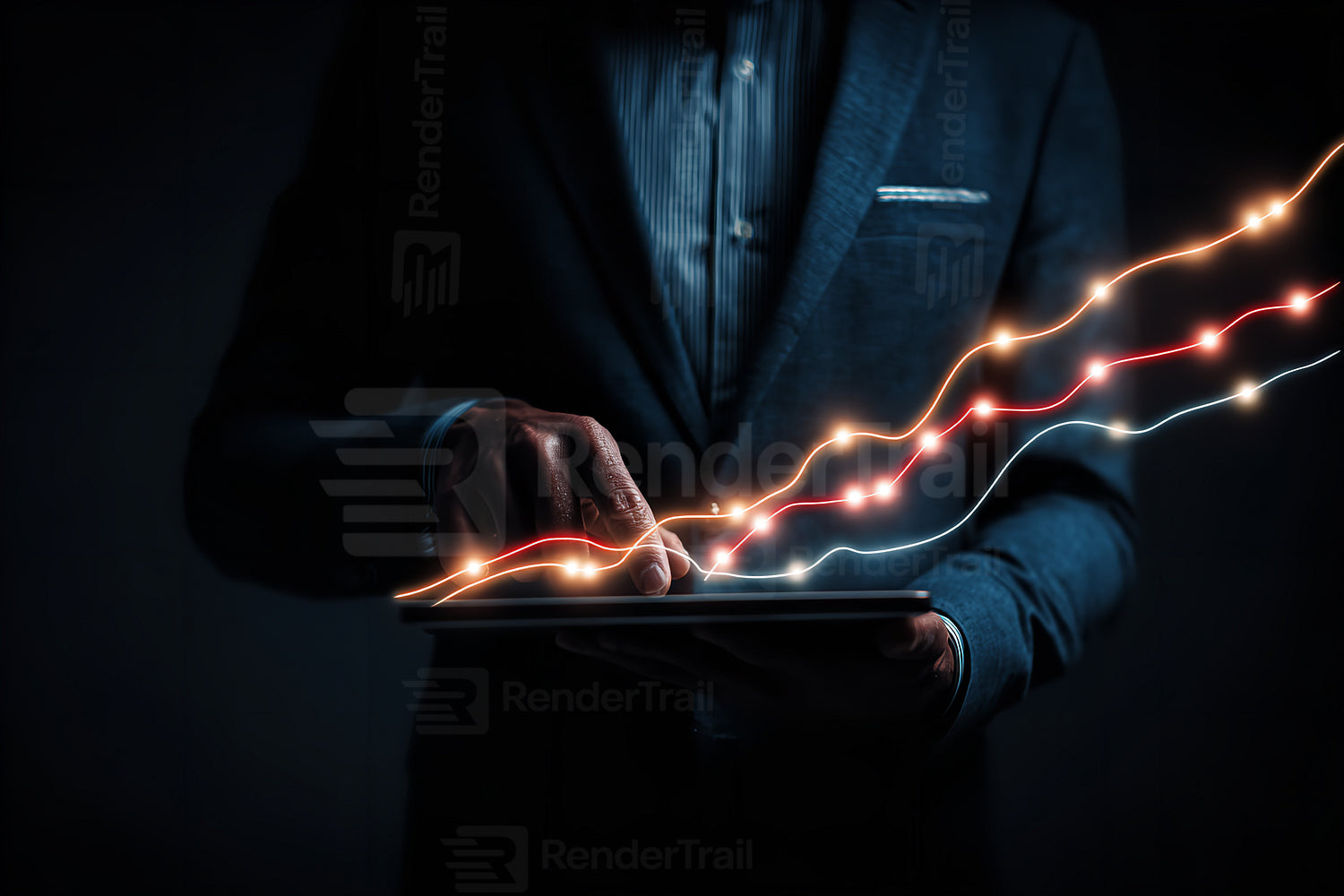 Business professional analyzing data trends with tablet in dark setting