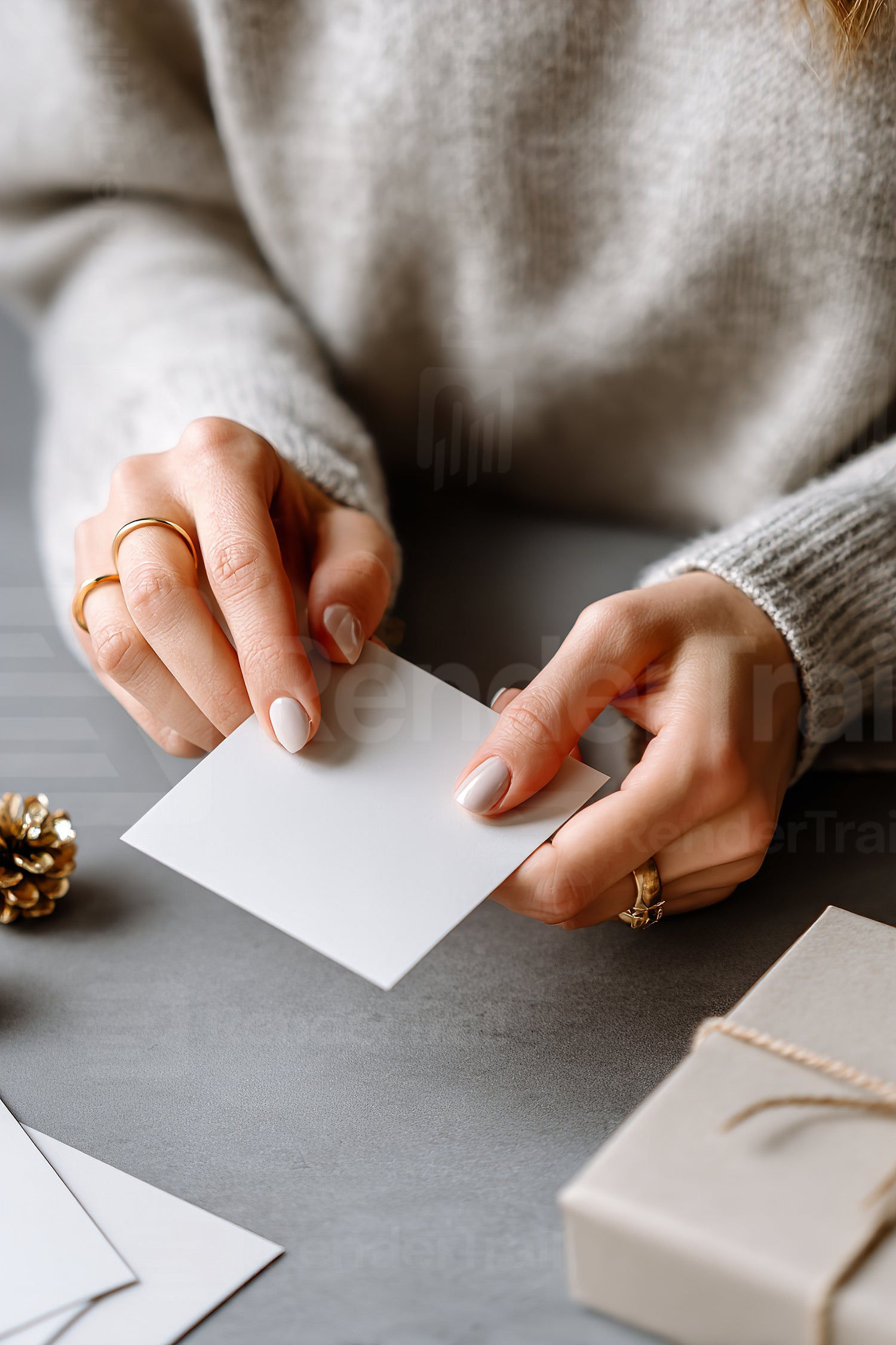 Hands writing on a blank card while preparing a gift during the festive season