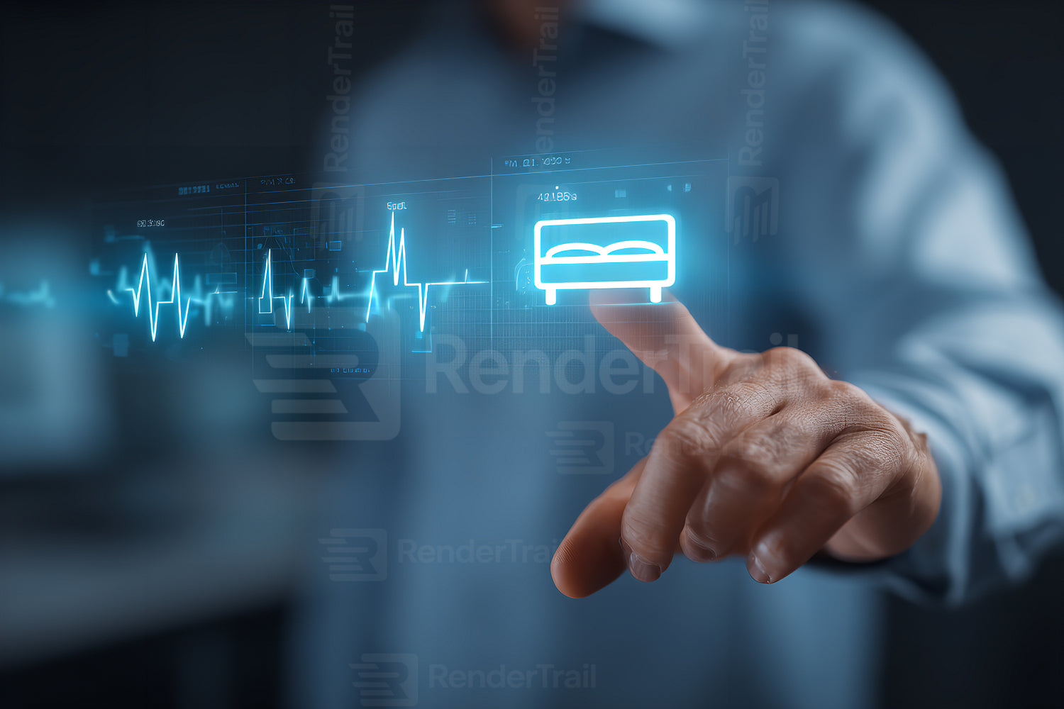 Touching a digital display of health data and sleep monitoring technology in a modern healthcare setting