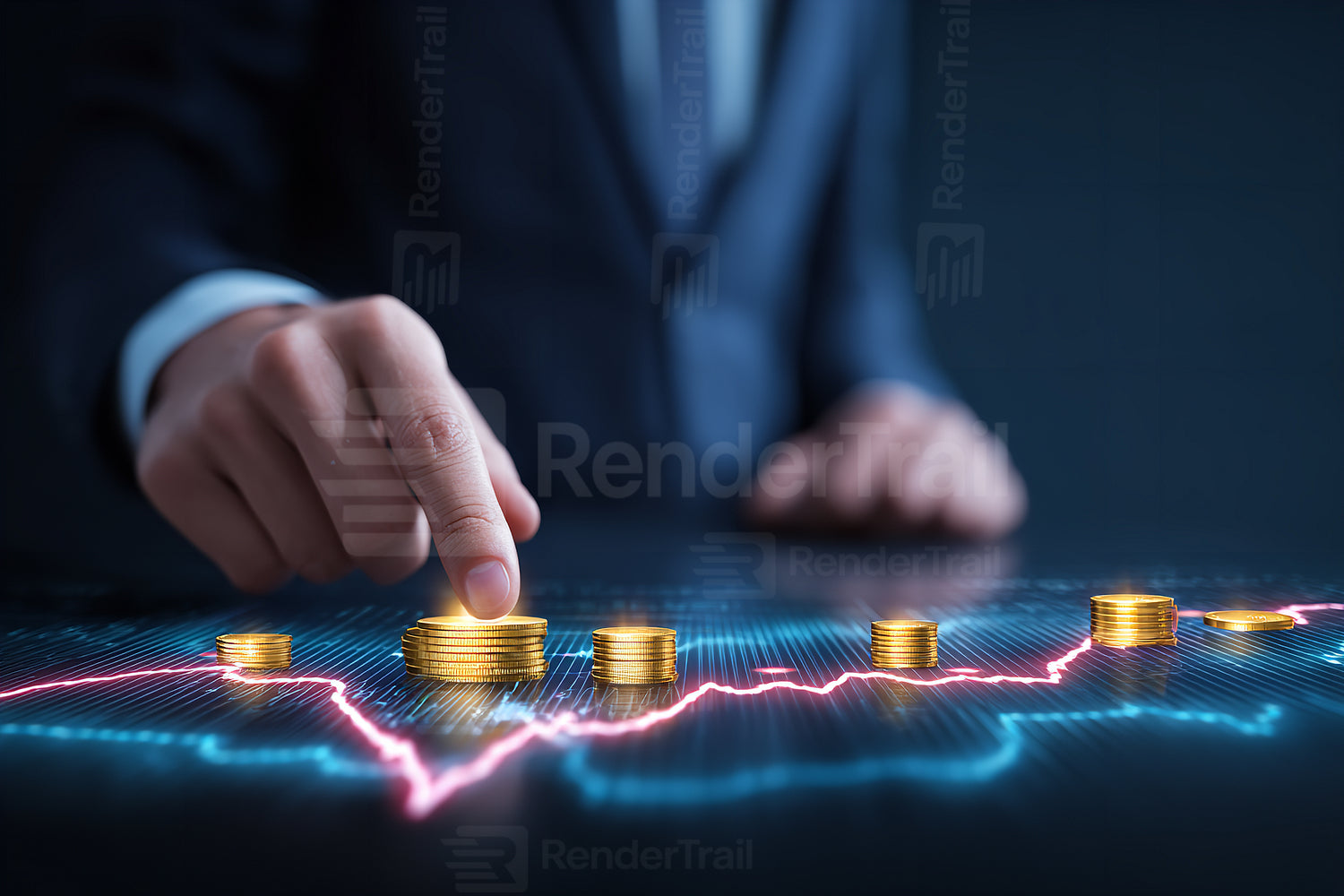 Business professional analyzing financial growth with digital coins on a modern interface at night