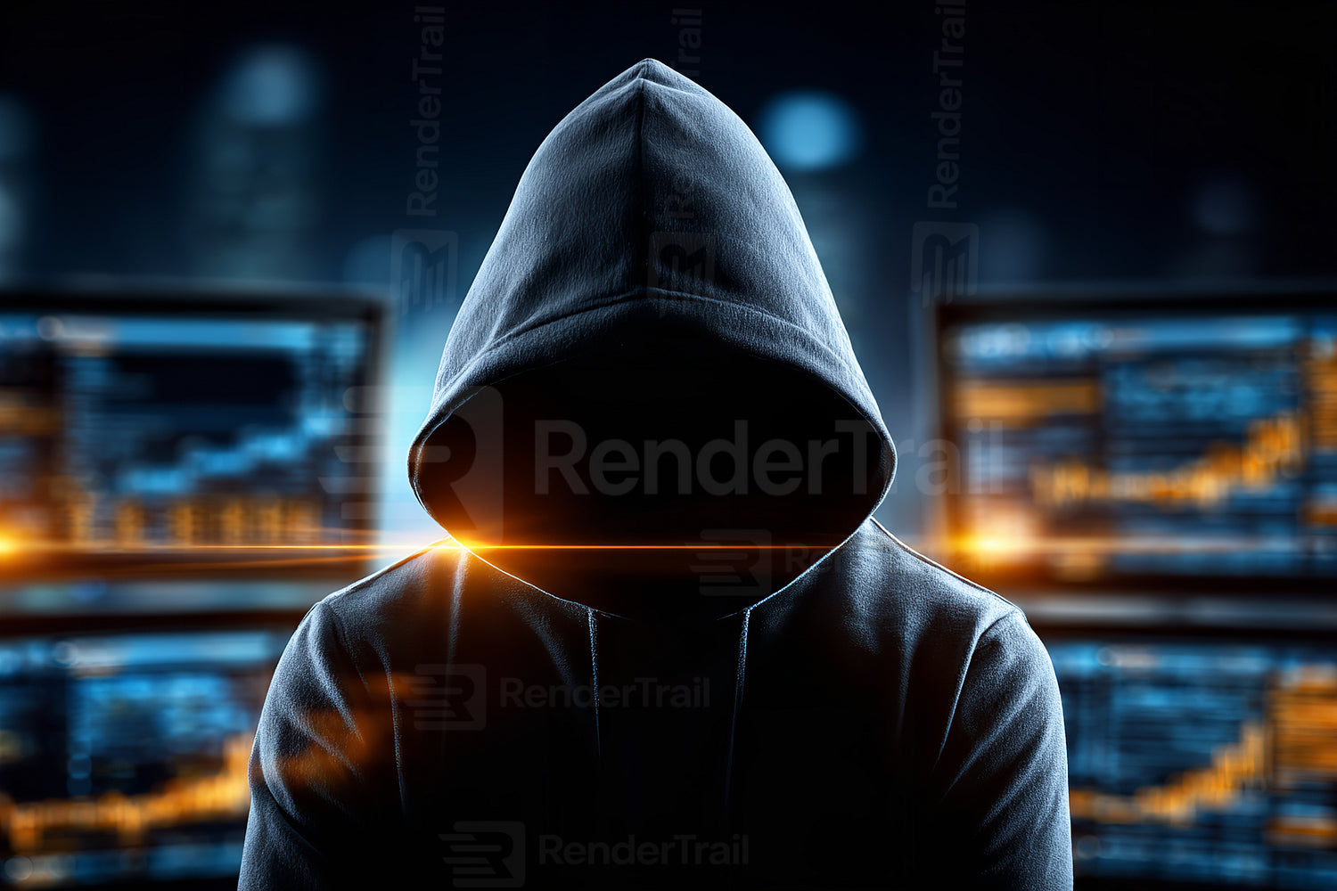 Mysterious figure in a hoodie surrounded by glowing computer screens in a dark room at night
