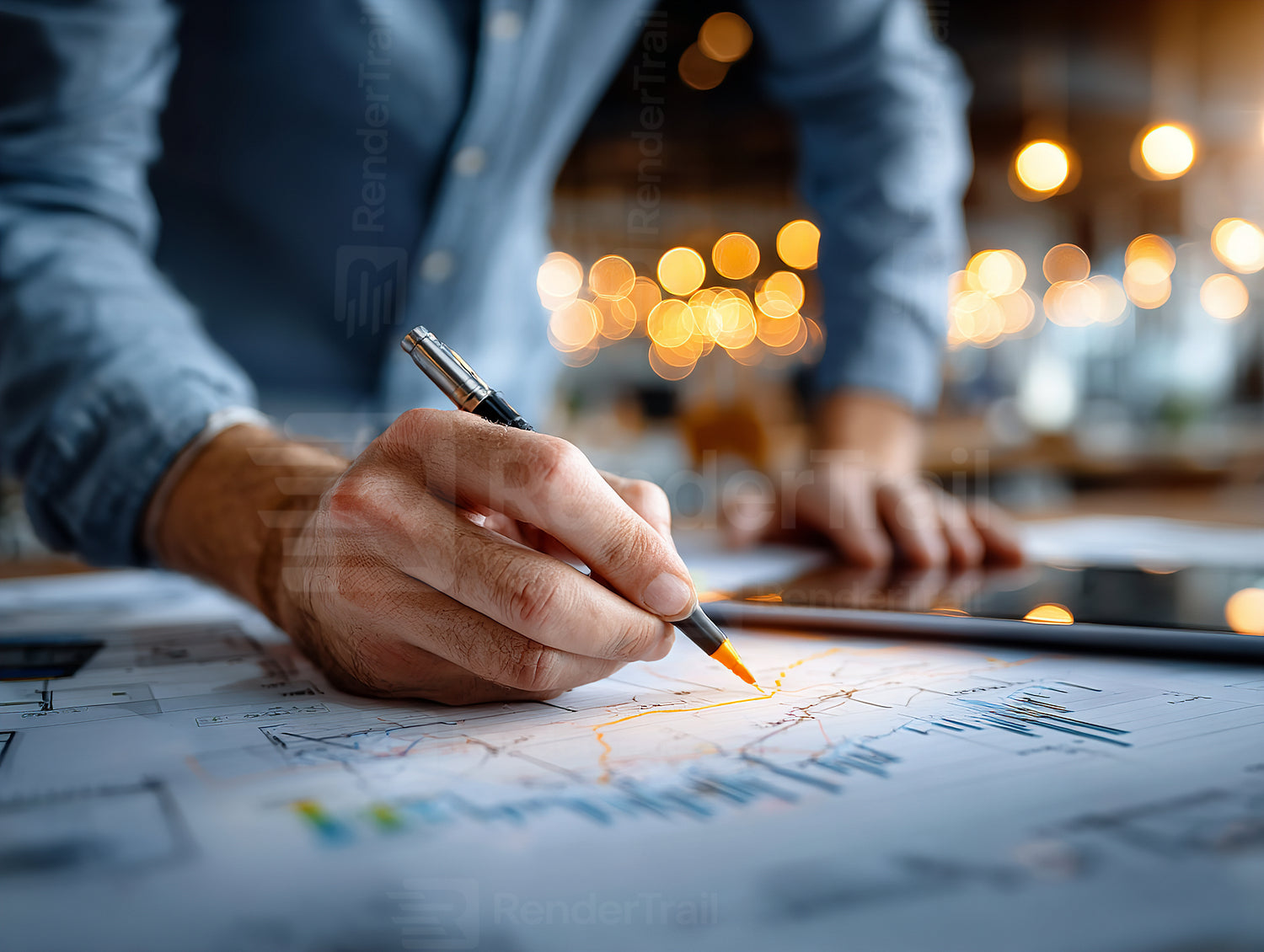 Person drafting plans in a bright workspace, focusing on details with a pen on a design sheet during the day