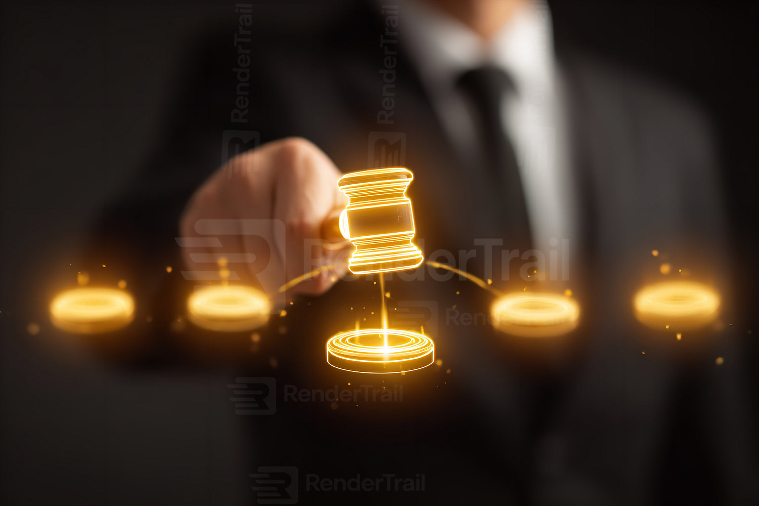 Digital gavel in hand during an auction setting at night with glowing golden accents highlighting the scene