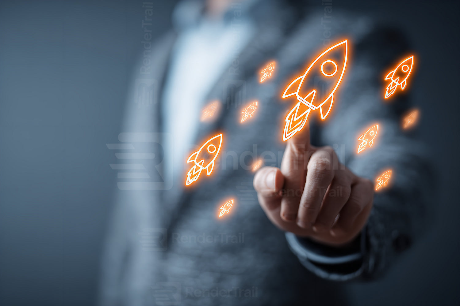 Businessman directing innovative ideas with rocket icons in a modern workspace setting during a brainstorming session