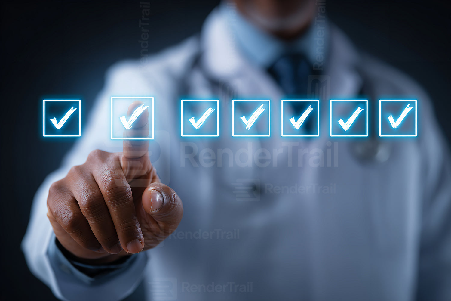 Doctor reviewing patient checklist in a modern healthcare setting with a digital interface on display