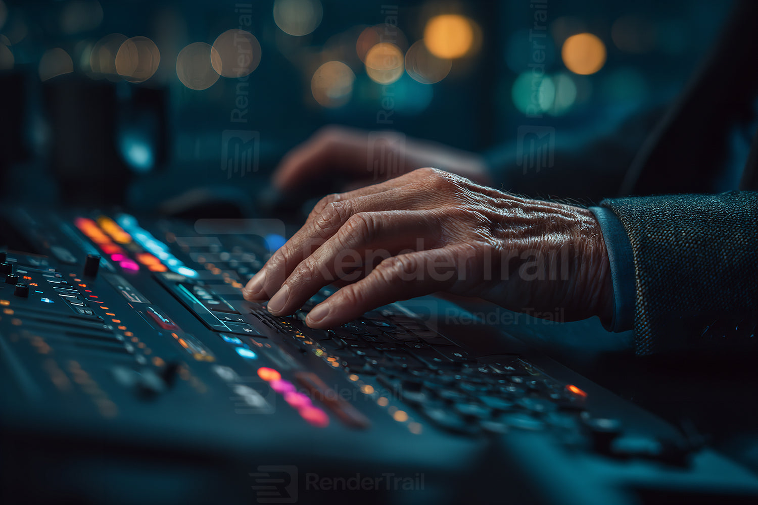 Hands adjusting controls on a modern audio mixing console in a dimly lit studio at night