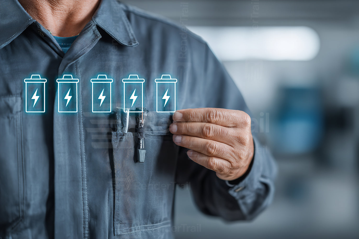 Technician showing battery symbols while working in a modern, bright workshop during the daytime