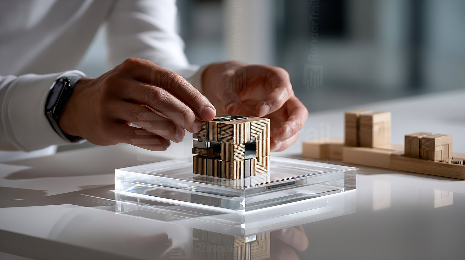 Building a wooden puzzle on a clear display surface in a modern workspace during daytime