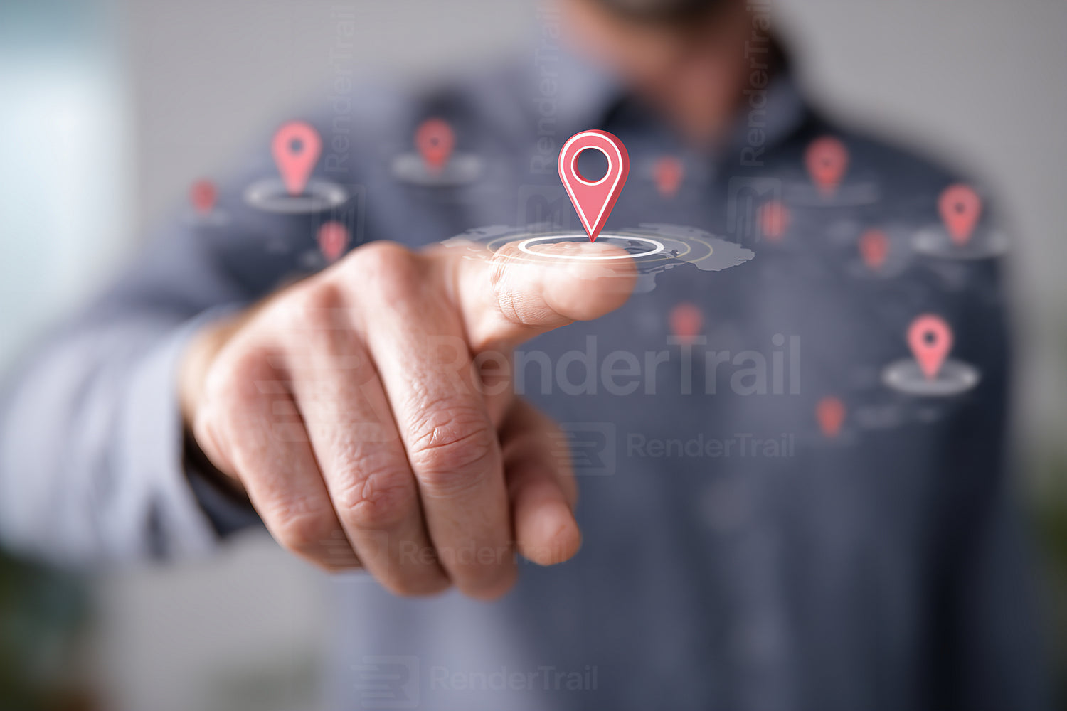 Person interacting with digital map markers in a modern office environment showcasing location-based technology