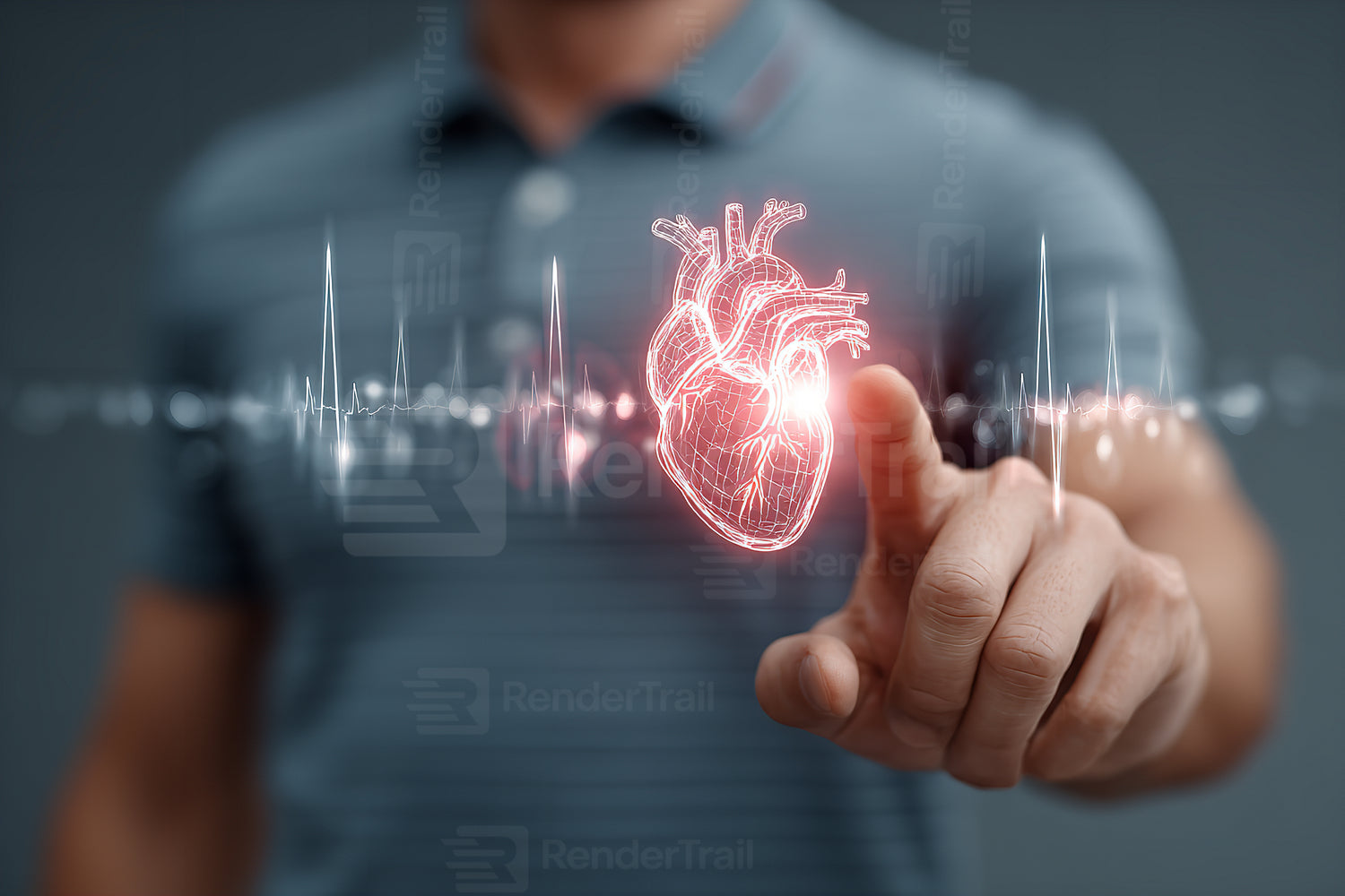 Man interacting with a digital heart visualization and heartbeat display in a modern setting