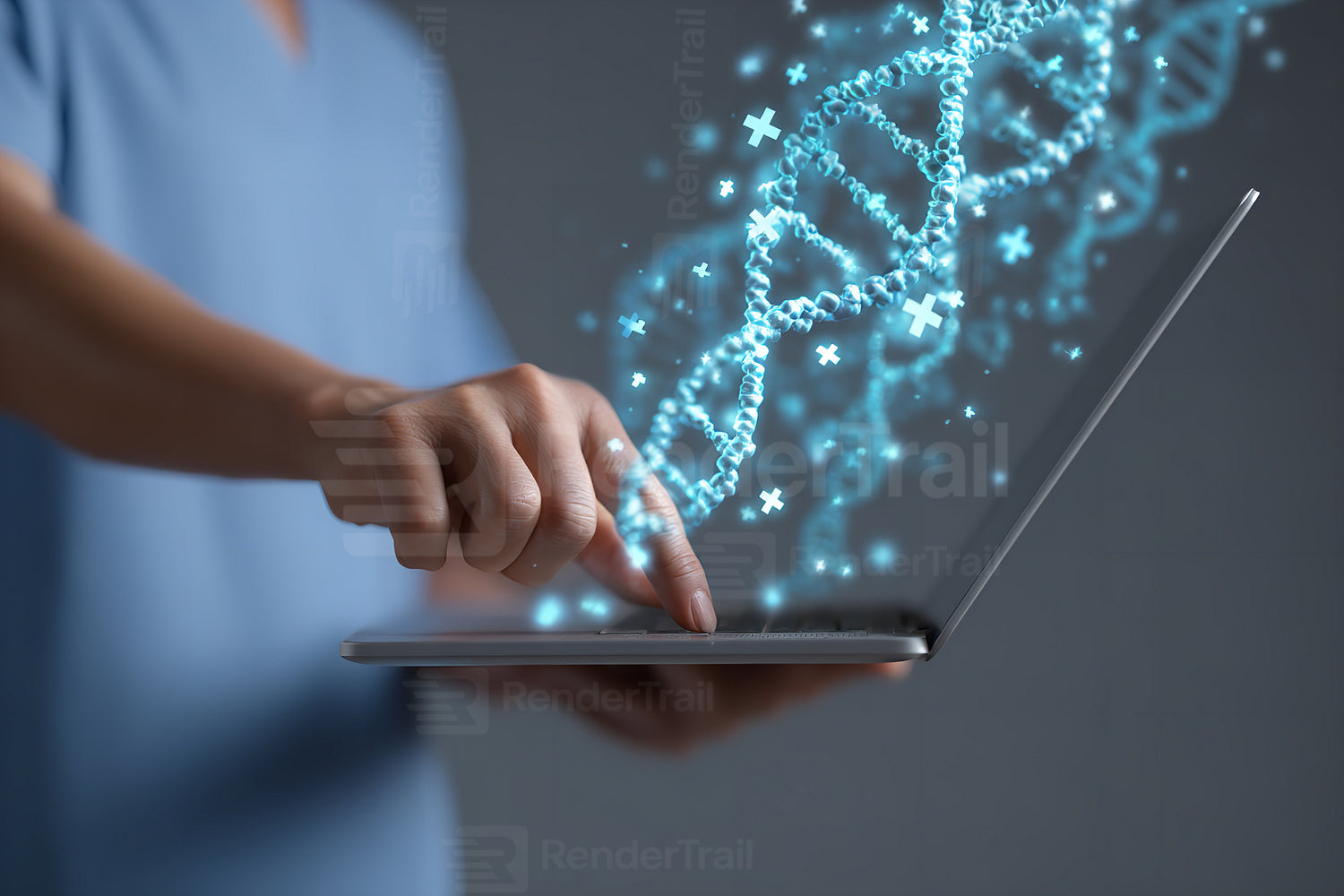 Medical professional using a laptop to analyze genetic data with digital DNA visualization effects