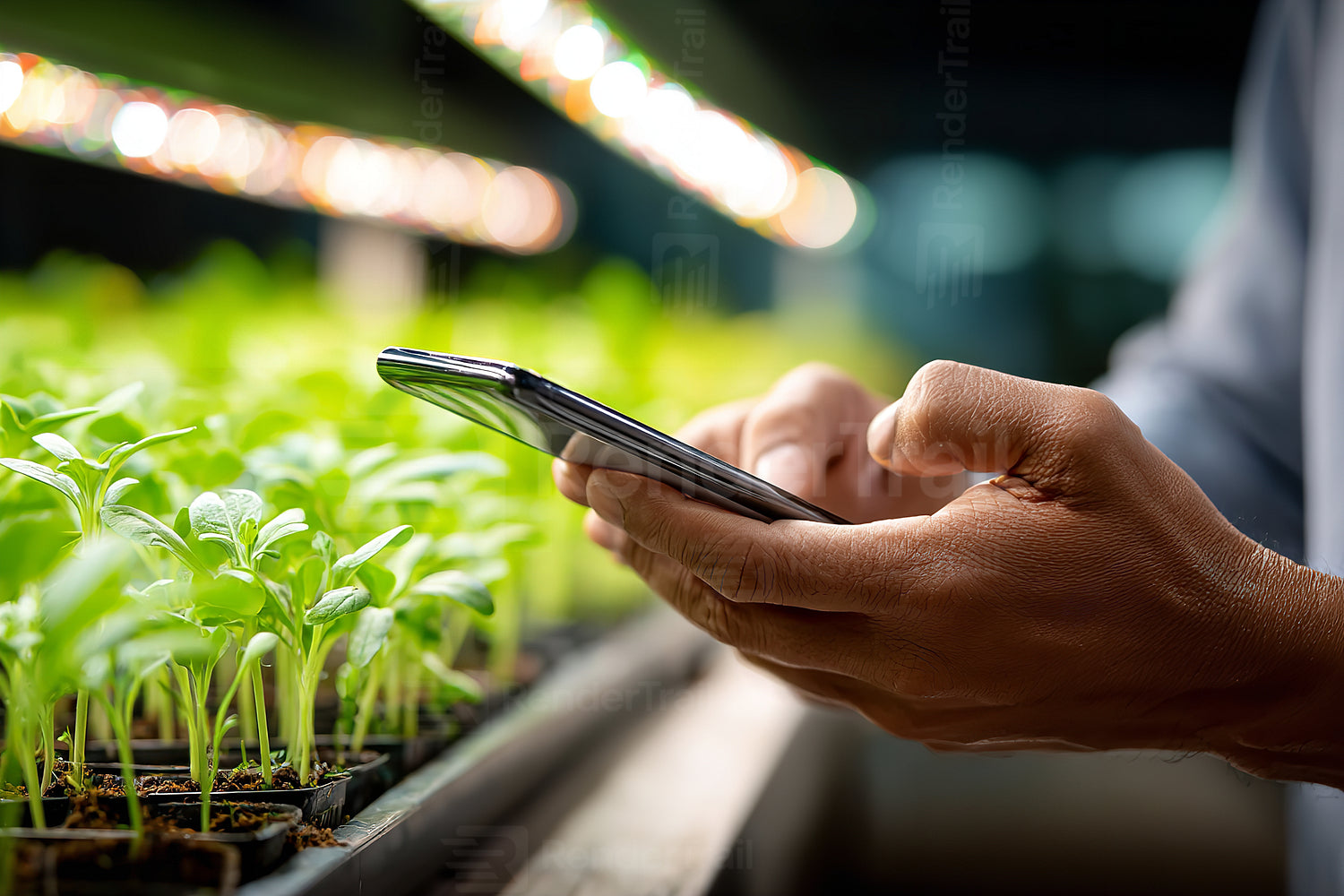 Person using smartphone while checking young plants in indoor greenhouse during evening hours