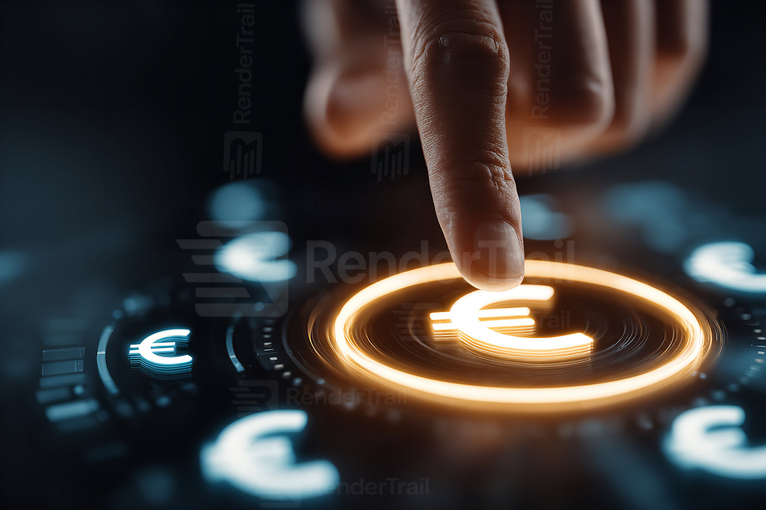 Digital currency transaction with finger pressing euro symbol on futuristic interface at night