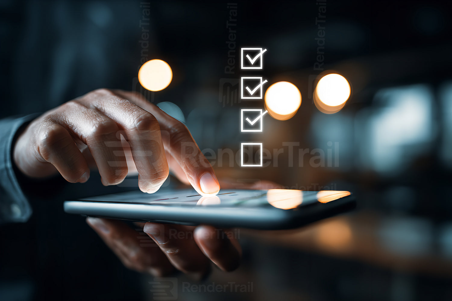 Man using tablet to check off items on a to-do list in a modern workspace during the evening