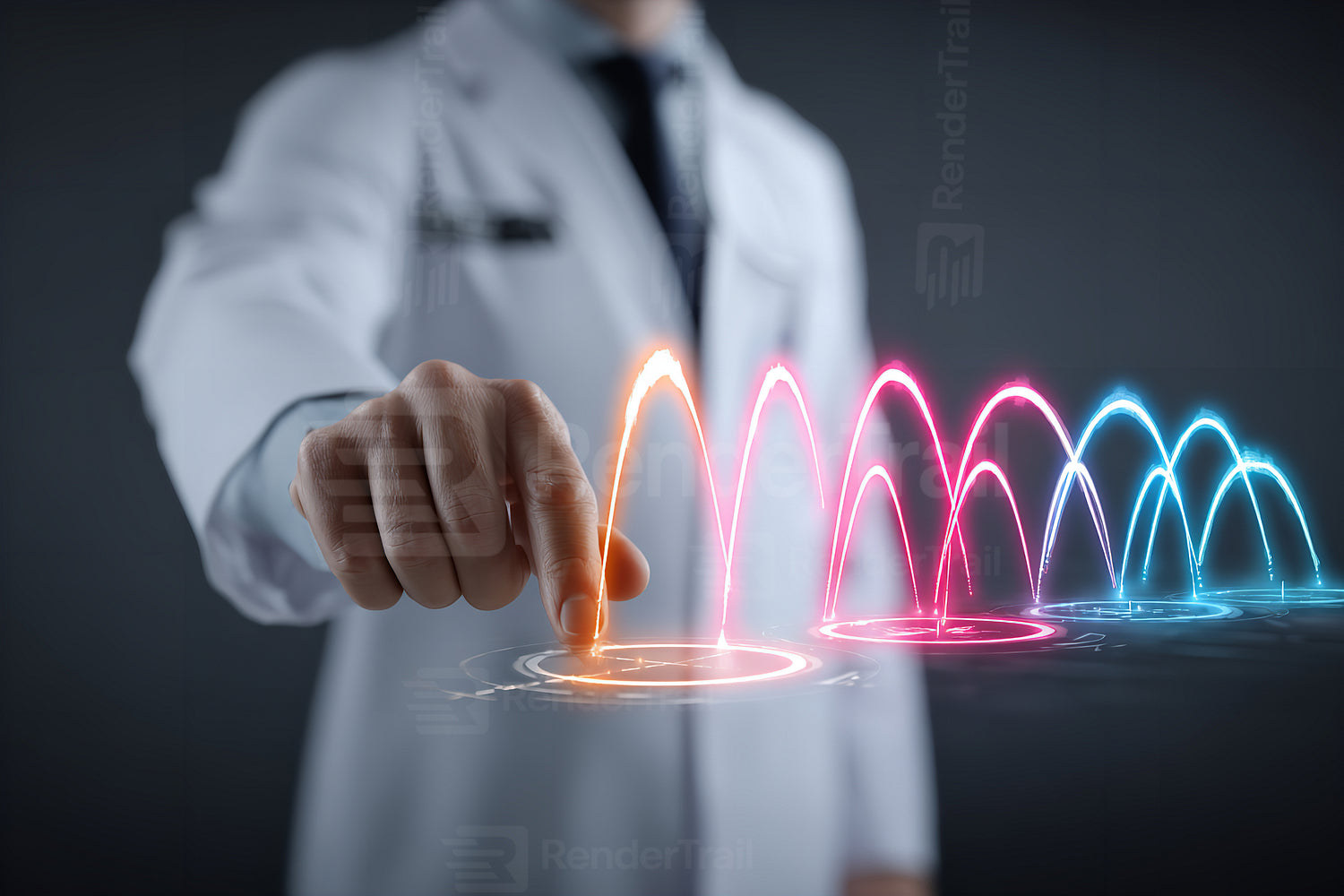 Scientist creating colorful sound waves with a digital interface in a modern laboratory setting